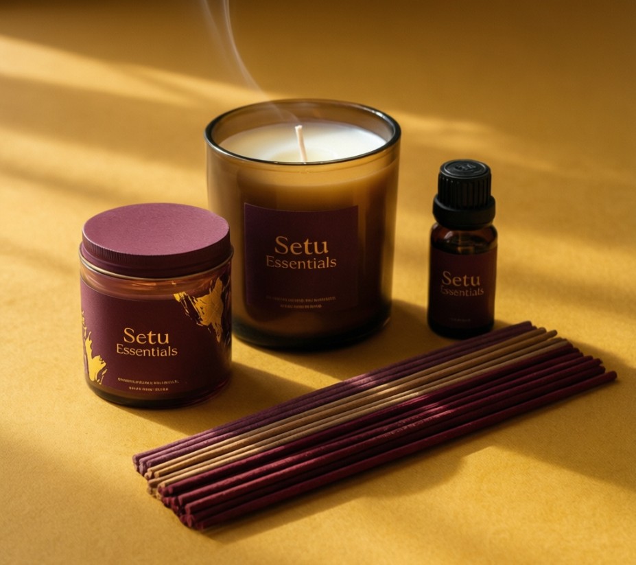 Setu Essentials products — candle, incense, essential oil